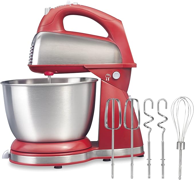 Picture of Hamilton Beach Classic Stand and Hand Mixer, 4 Quarts, 6 Speeds with QuickBurst, Bowl Rest, 290 Watts Peak Power, Red (64654)