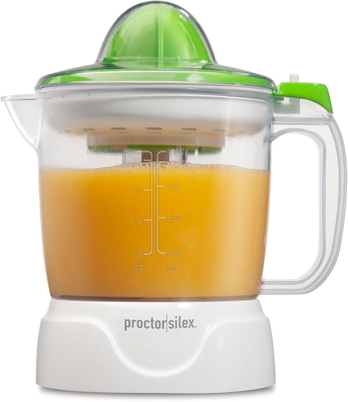 Picture of Proctor Silex Electric Citrus Juicer Machine, Large 34 oz. Pitcher, Pressure Activated, 2 Reamers for Big and Small Fruit, Pulp Control, for Orange, Lemon, Grapefruit Juice, White & Green (66340)