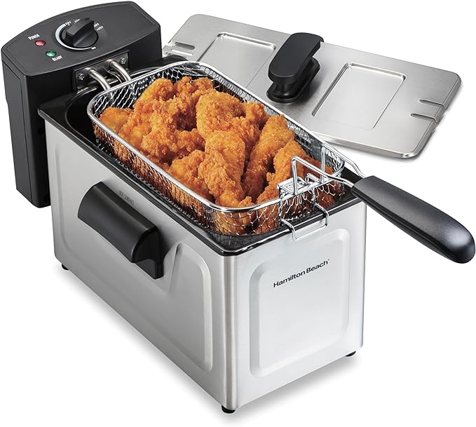Picture of Hamilton Beach 35032 Professional Style Electric Deep Fryer, Frying Basket with Hooks, 1500 Watts, 3 Liters, Stainless Steel