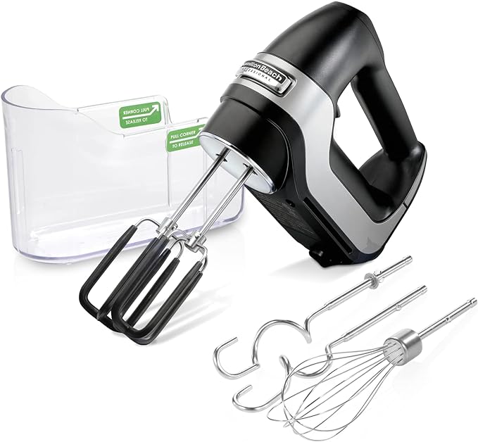 Picture of Hamilton Beach Professional 7-Speed Digital Electric Hand Mixer with High-Performance DC Motor, Slow Start, Snap-On Storage Case, SoftScrape Beaters, Whisk, Dough Hooks, Matte Black